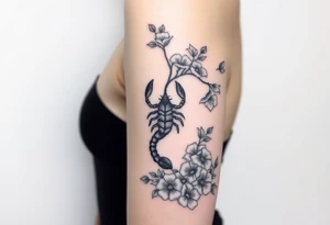 Body of a woman forming a blossoming peach tree with a Scorpio on a branch and morning glories & cosmo flowers underneath tattoo idea