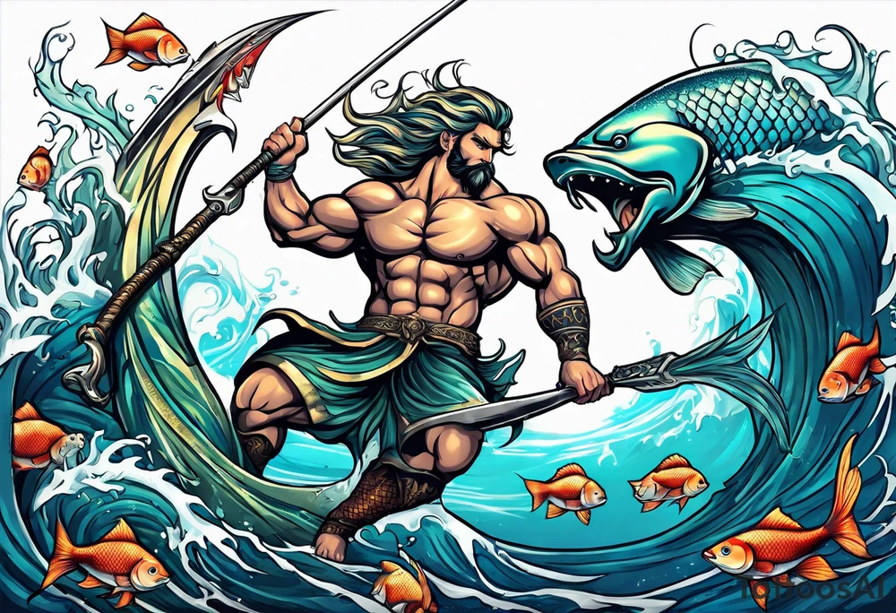 muscular
god 
posideon fighting a sport fish with a trident surrounded by sexy  female 
mermaids tattoo idea