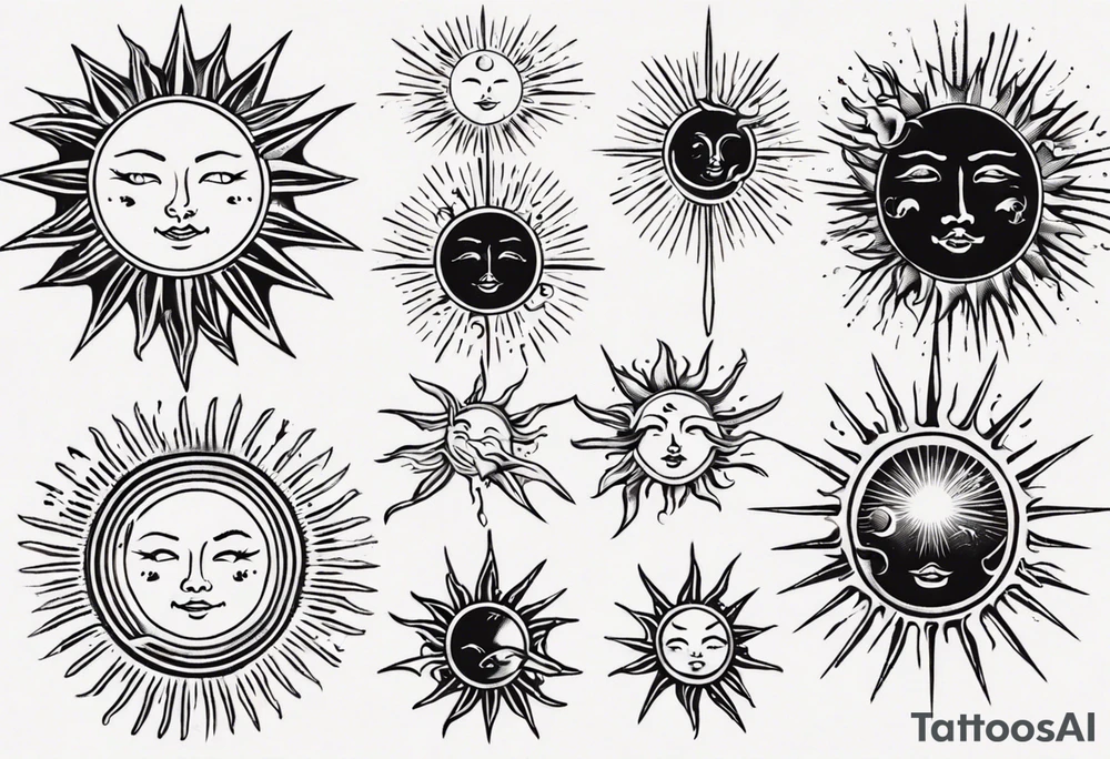 Linework of Sun with rays tattoo idea
