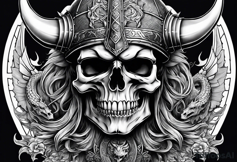 Viking skull with helmet and dragon head tattoo idea