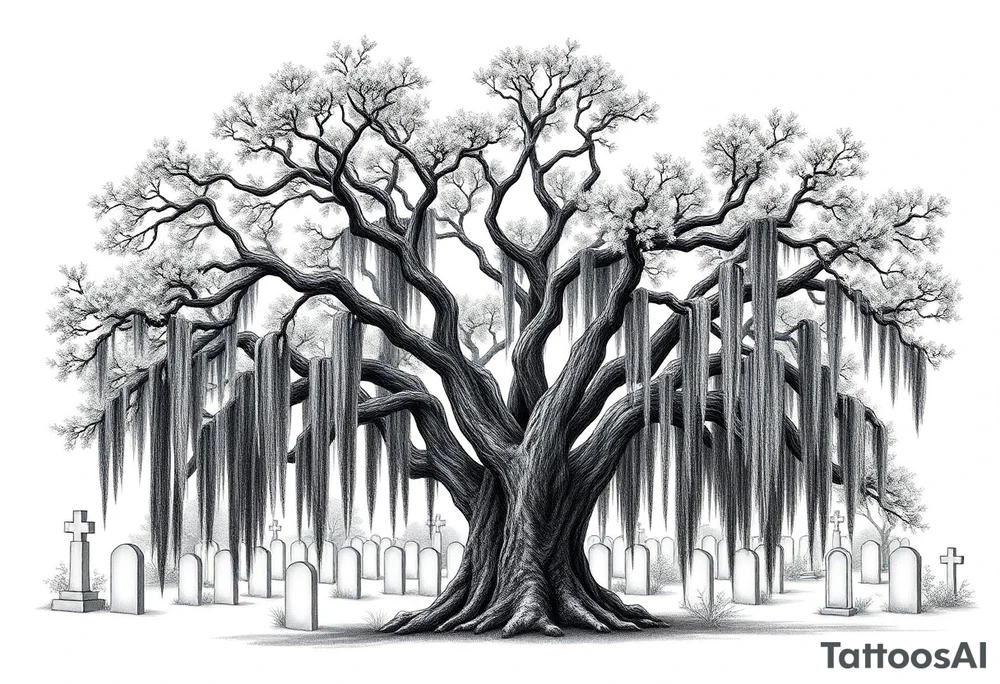 Laurel oak with Spanish moss in a cemetery tattoo idea