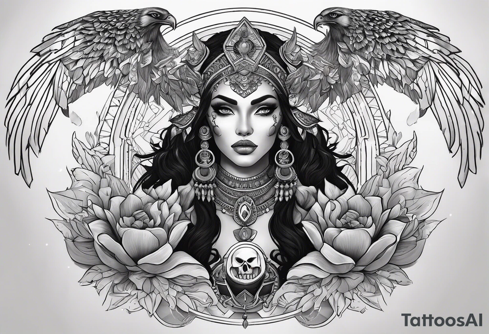 kali ma, alien goddess, valkrye, pirate, divine feminine, zenza resonance, pachamama, lotus azul, blank panther, eagle, skull, 5D, nueva gaya, dna 12 tattoo idea
