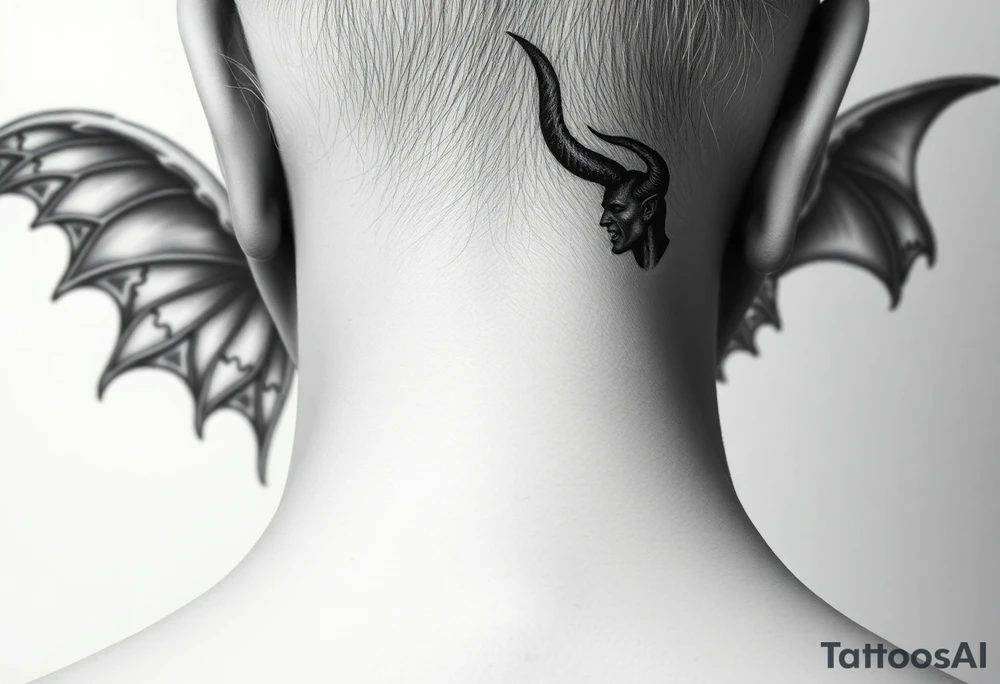 position behind the neck Angel (on the right) whispering in the right ear, demon (on the left) whispering in the left ear. It must be as realistic as possible. tattoo idea