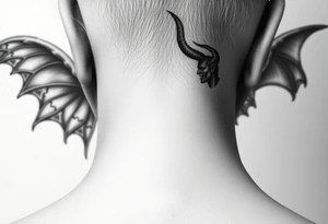 position behind the neck Angel (on the right) whispering in the right ear, demon (on the left) whispering in the left ear. It must be as realistic as possible. tattoo idea
