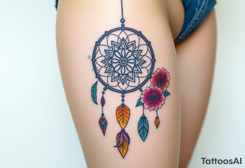 Dreamcatcher with zodiac symbols and protection runes caught in it with tigerlillies roses and sunflowers tattoo idea
