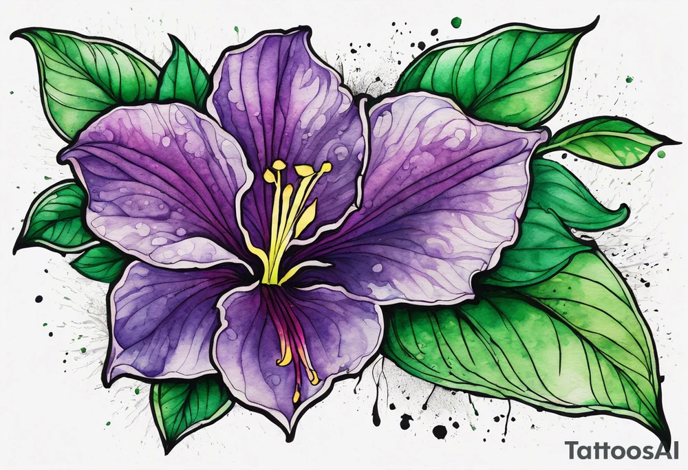 A mystical outline of a dipladenia flower and a green/purple watercolor splatter in the background to make the flower mainly green with purple highlights tattoo idea