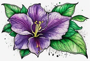 A mystical outline of a dipladenia flower and a green/purple watercolor splatter in the background to make the flower mainly green with purple highlights tattoo idea