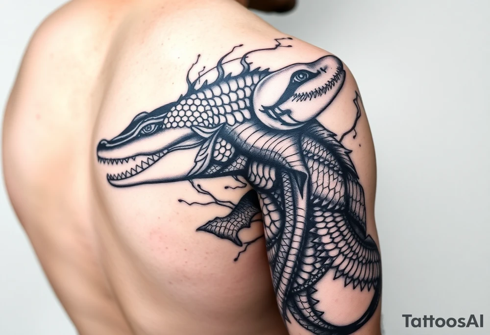 i am planning a full left arm sleeve. for my UPPER arm i already have a large black crocodile at the front. i wish to have a shark and a harbour seal to finish my upper arm with animals. anmd then for my FOREARM see this prompt 'arm sleeve tattoo design combining organic alien blackwork patterns and biomechanical dragon‑scale textures.
Dense black sections flow around lighter geometric linework, creating contrast and movement.
Incorporate fluid wave‑like shapes, layered scales, and textured shading to disguise uneven skin.
Style: black and grey, high‑contrast, heavy pattern, scar‑cover design.” tattoo idea