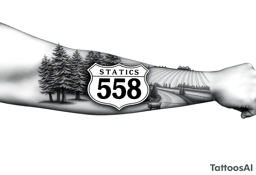 Arm sleeve small State Route sign 558 at wrist, with trees all around and farm in background, road w/ view tattoo idea