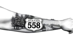 Arm sleeve small State Route sign 558 at wrist, with trees all around and farm in background, road w/ view tattoo idea