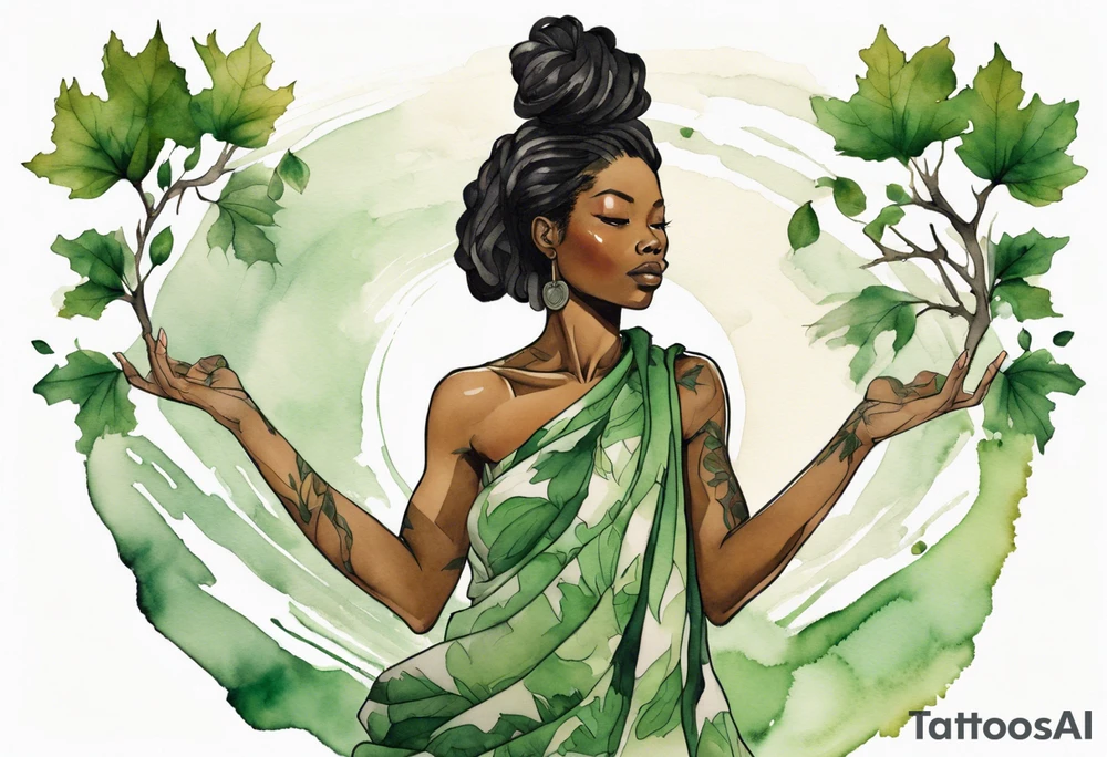 a black woman wearing a green tunic with the lower-half of a tree, her arms raised towards the sun, her roots spreading wide into a field of fallen leaves tattoo idea