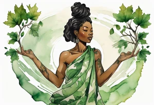 a black woman wearing a green tunic with the lower-half of a tree, her arms raised towards the sun, her roots spreading wide into a field of fallen leaves tattoo idea