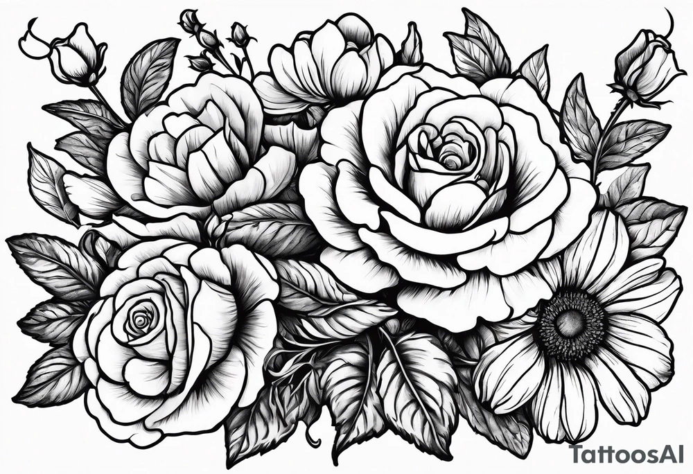 Roses, marigolds, cosmos, daisies, sweet peas tattoo idea