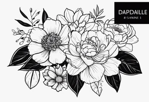 cohesive tattoo design with 8 flowers: peony, carnation, daffodil, daphne, dahlia, desiree, daisy and rose and label the flower name tattoo idea