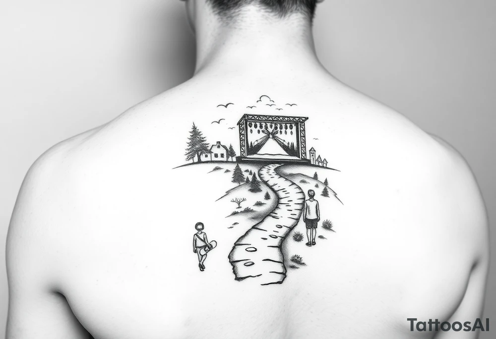 black and white tattoo (half-sleeve on shoulder): path beginning in the bottom end and winding upwards. The first third starting at the bottom is sourrounded by few trees and small houses. There is a child walking. On the second third, the path changes to a street, which leads through a city. The has grown into adolescence and is walking the street with a skateboard in one hand. A few friends are besides the person, attending a heavy metal concert which, is taking place on a stage besides the path. tattoo idea