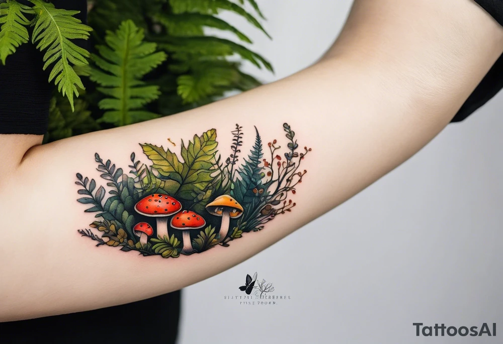 minimalistic forest floor inspired tattoo, which includes grass, moss, curly ferns and dead leaves as the bulk of the tattoo. details to include: forest berries, couple of very small brown mushrooms, a tiny bumblebee flying nearby tattoo idea