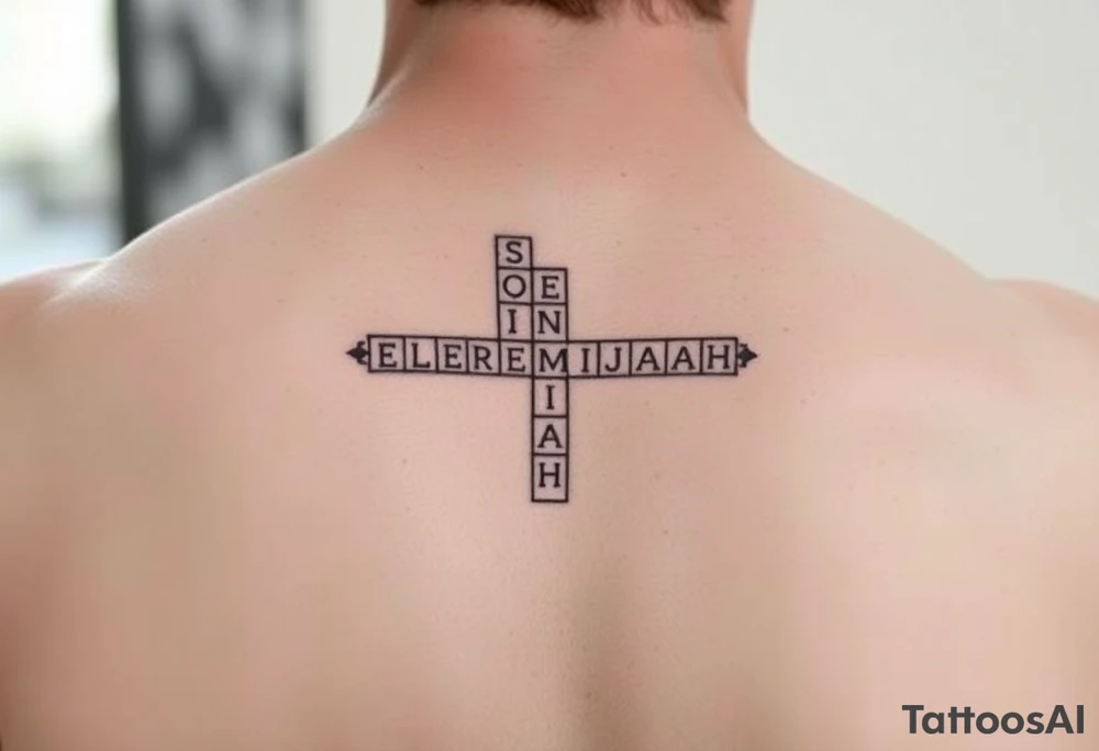 crossword style tattoo with the names 
Sophia, Elijah, Jeremiah, Isaiah, Josiah tattoo idea