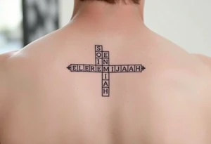 crossword style tattoo with the names 
Sophia, Elijah, Jeremiah, Isaiah, Josiah tattoo idea