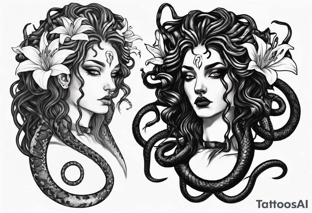 Dark/goth Medusa with white pupils and snake hair. Lilies tattoo idea