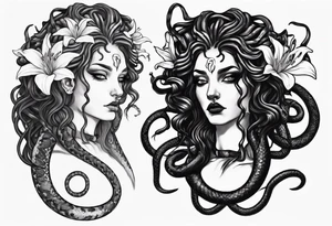 Dark/goth Medusa with white pupils and snake hair. Lilies tattoo idea