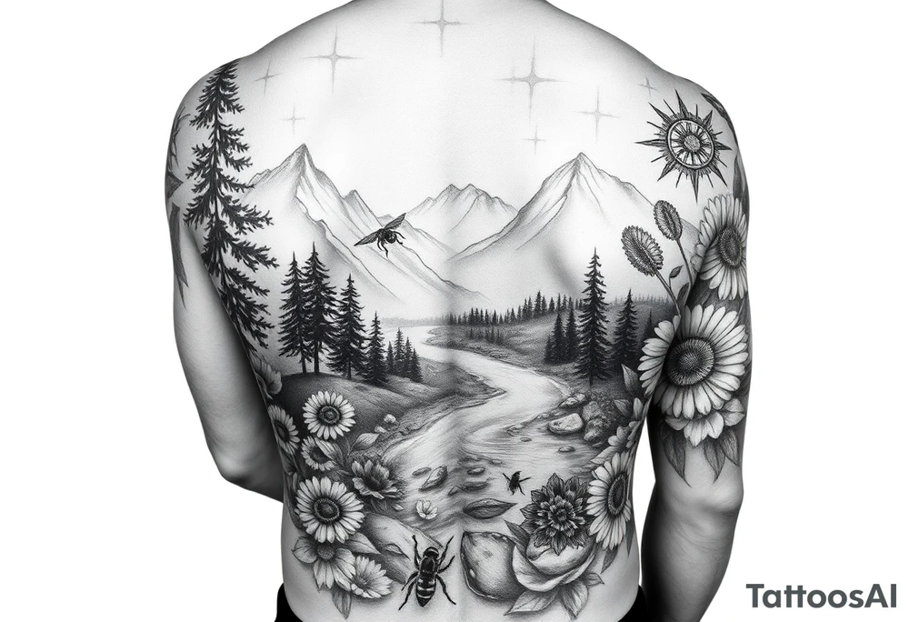 black and white full-sleeve tattoo realistic nature landscape majestic river flowing down bright mountains trees, daisies, chrysanthemums a real bee on one flower a large compass on the forearm tattoo idea