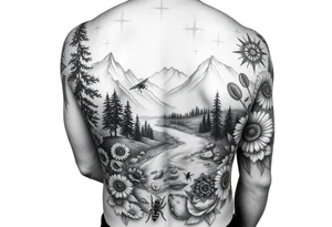 black and white full-sleeve tattoo realistic nature landscape majestic river flowing down bright mountains trees, daisies, chrysanthemums a real bee on one flower a large compass on the forearm tattoo idea