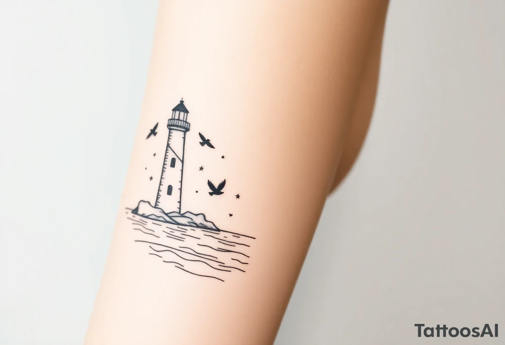 Simple Lighthouse shining with birds,  and crescent moon on water tattoo idea