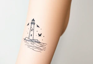 Simple Lighthouse shining with birds,  and crescent moon on water tattoo idea