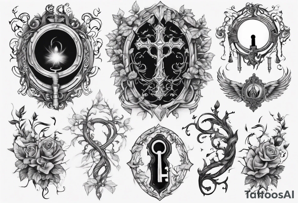 an intricate keyhole surrounded by elements like vines, and Inside the keyhole, incorporate personal symbols or imagery that hold significance to the individual. tattoo idea