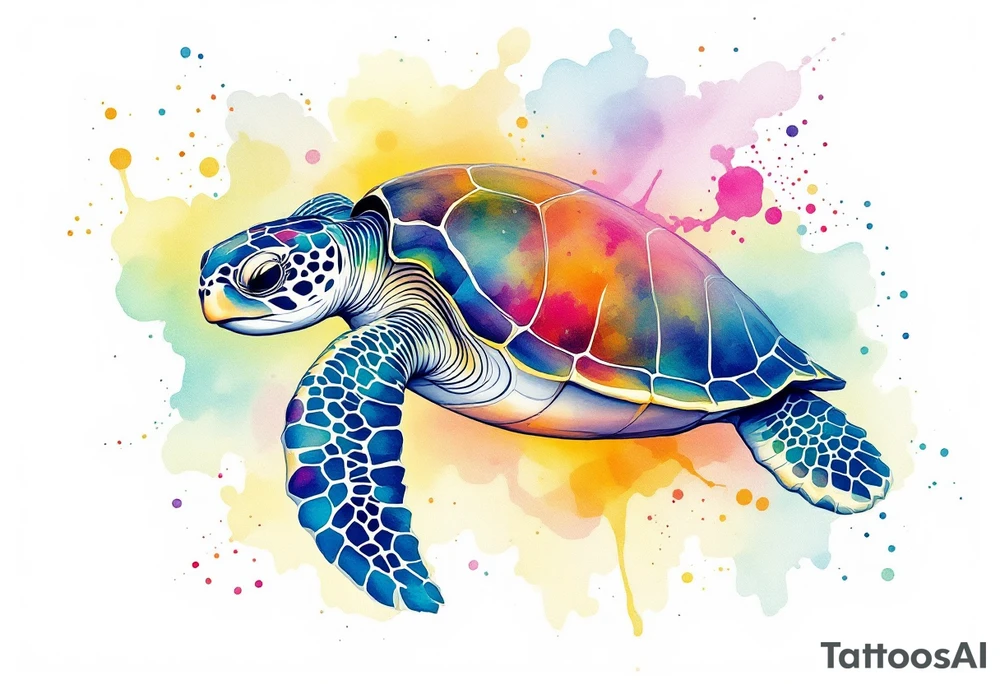 Sea turtle with rainbow watercolor splashes behind it tattoo idea