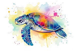 Sea turtle with rainbow watercolor splashes behind it tattoo idea