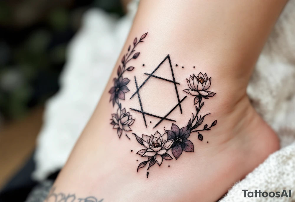 Small Feminine simple Dotted Line hexagon with Leo astrological symbol surrounded by larkspurs and water lilies tattoo idea