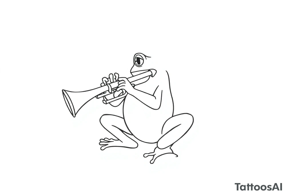 Draw a single continuous line drawing of a frog playing a trumpet, where the entire image is created using only one unbroken black line, with no lifting of the pen and no separate lines. The line must flow smoothly and clearly form the frog and trumpet , minimalist style. The frog should be , in a jazzy or playful pose, holding and playing the trumpet. No shading, no extra strokes, no background — just one elegant, fluid, uninterrupted line on a white canvas. tattoo idea