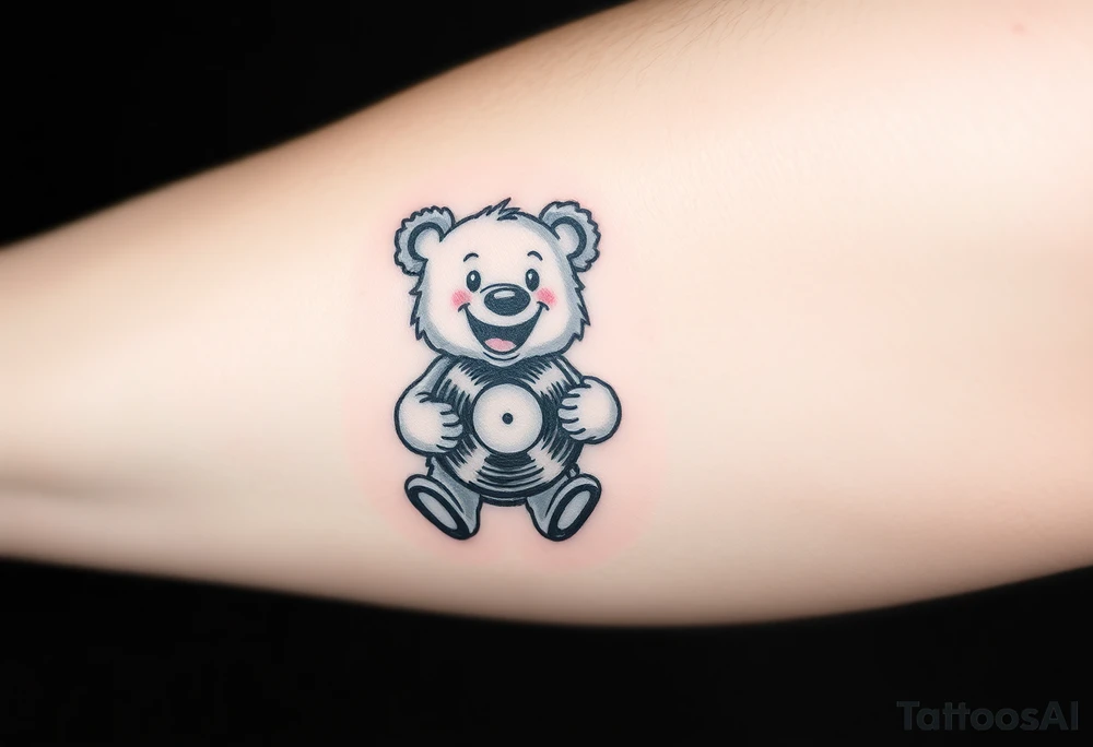 happy cartoon bear holding a vinyl record tattoo idea