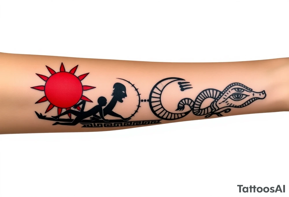 Neo-tribal Greek meander tattoo band for forearm, long horizontal wrap-around design. Left side (day): red sun with sharp tribal spikes, abstract running human silhouettes in angular style. Right side (night): black crescent moon with dotwork shading, tribal-style ouroboros snake. All symbols integrated into a continuous meander pattern — geometric but with organic neo-tribal flow. Additional elements: tribal eye motif, minimal Tree of Life as sharp branching lines. High-contrast black and red ink, clean line art, no gradients. Inspired by ancient Greek borders fused with modern tattoo aesthetics, seamless repeat pattern tattoo idea