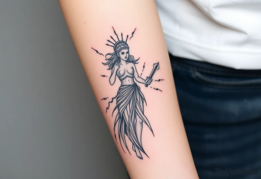 Greek goddess warrior with long dagger and realistic lighting bolts going around body Greek mythology style with dark shading tattoo idea