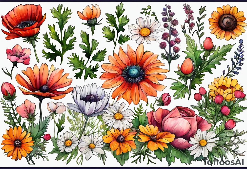 wildflowers with thistles, ferns, white anemones, sun flowers, orange flowers, green flowers, pink flowers, red flowers, babys breath and daisies all in watercolor tattoo idea