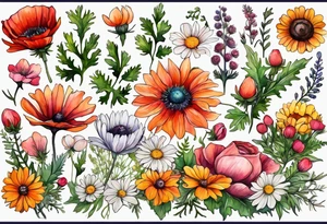 wildflowers with thistles, ferns, white anemones, sun flowers, orange flowers, green flowers, pink flowers, red flowers, babys breath and daisies all in watercolor tattoo idea