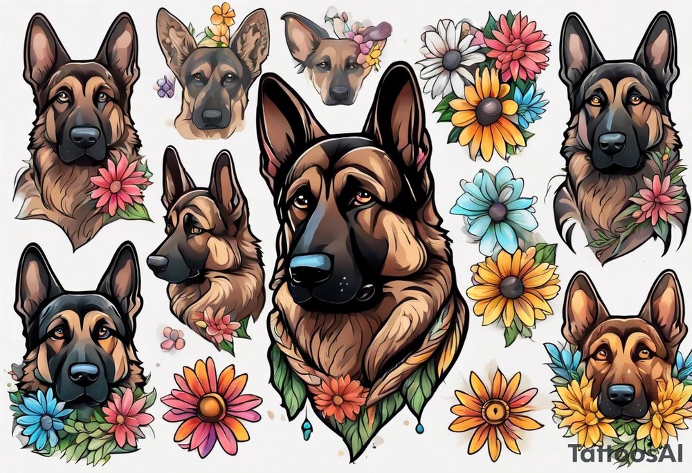 Dark Brown female German shepherd portrait surrounded by  colorful daisies tattoo idea