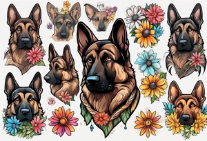 Dark Brown female German shepherd portrait surrounded by  colorful daisies tattoo idea