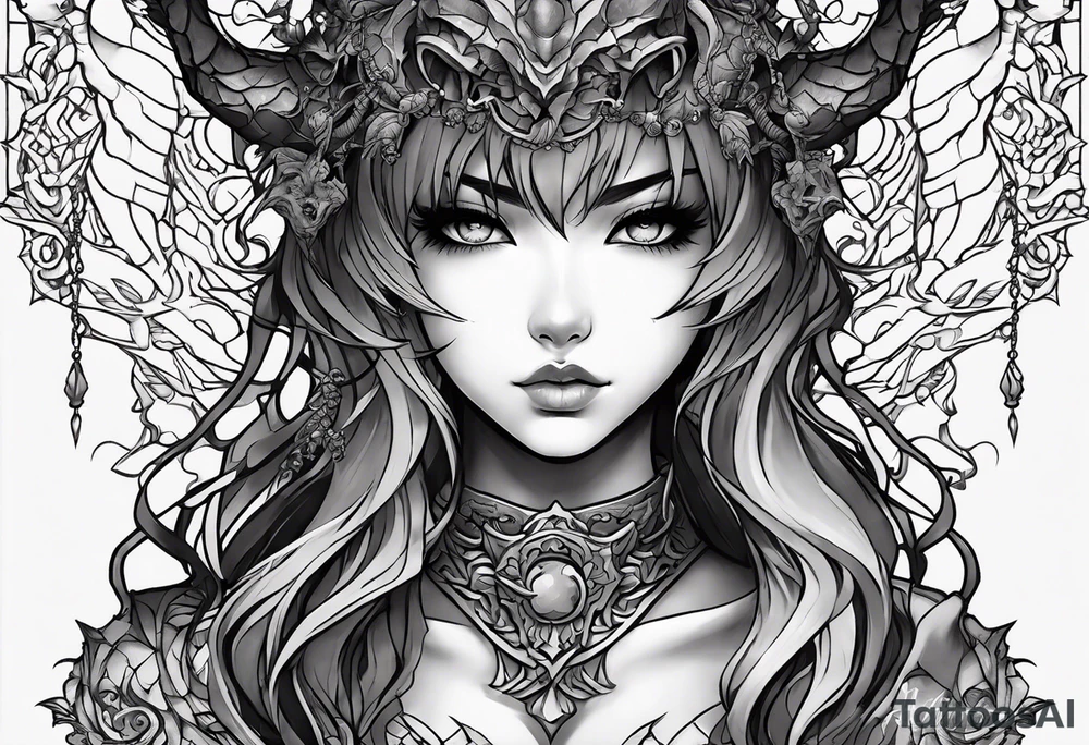 2 dimensional art of a bleeding anime girl surrounded by an asian gargoyle and barbed wire tattoo idea