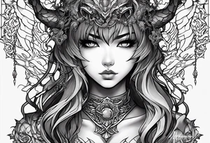 2 dimensional art of a bleeding anime girl surrounded by an asian gargoyle and barbed wire tattoo idea