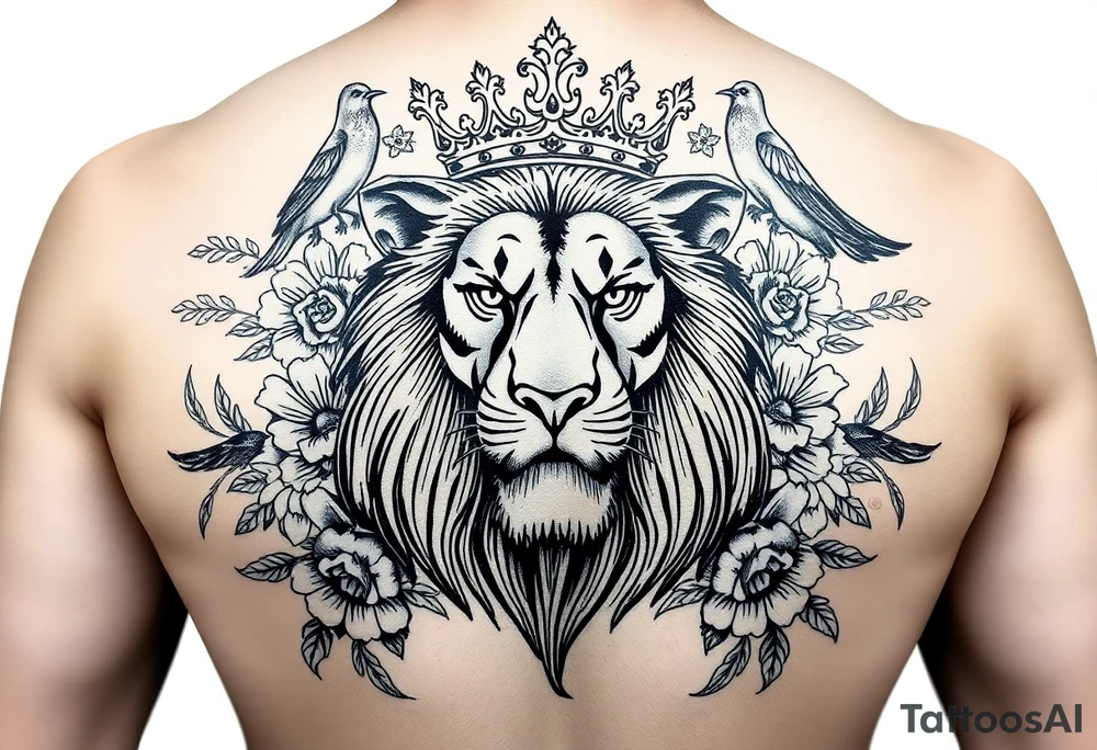 powerful majestic lion with a crown, surrounded by floral ornaments and birds tattoo idea