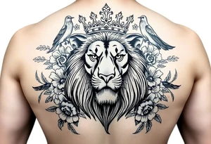 powerful majestic lion with a crown, surrounded by floral ornaments and birds tattoo idea