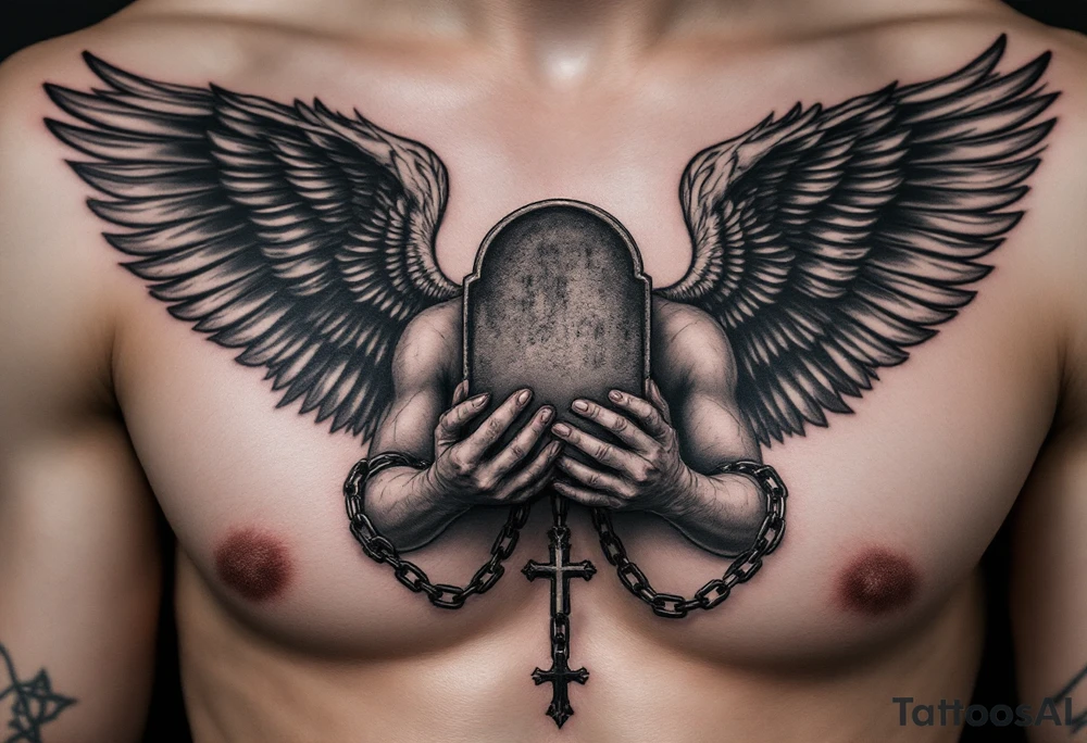 Angel hold headstone in hands with a cross chain hanging down with large wings tattoo idea