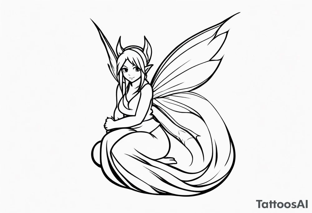 A fairy with a tail inspired by the logo of the show called Fairy Tail in a fetal position leaning with no ears tattoo idea