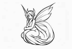 A fairy with a tail inspired by the logo of the show called Fairy Tail in a fetal position leaning with no ears tattoo idea