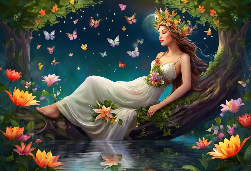 Beautiful woman made of tree, branches, and leaves surrounded by flowers. She is wearing a crown made of butterflies and has a pond and lilies near her feet with colorful vegetation. She is holding her arms upright and has her hands cupped above her head. Above her hands she has the moon, stars, and sun. The moon, stars, and sun have a flower accent. tattoo idea