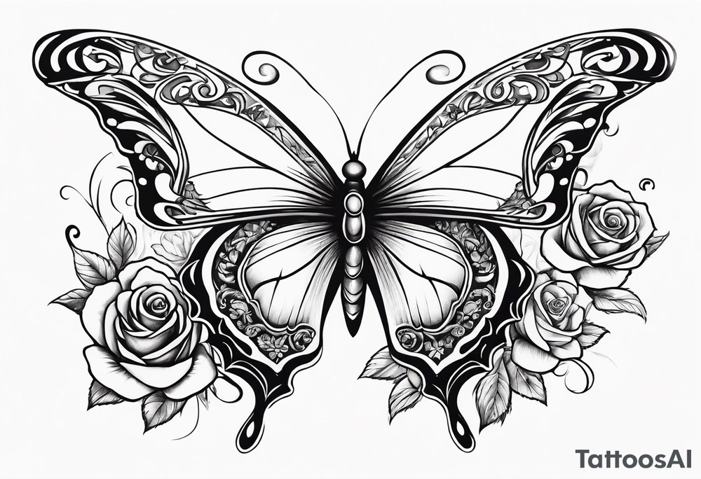 Butterfly flying with roses & filligree tattoo idea