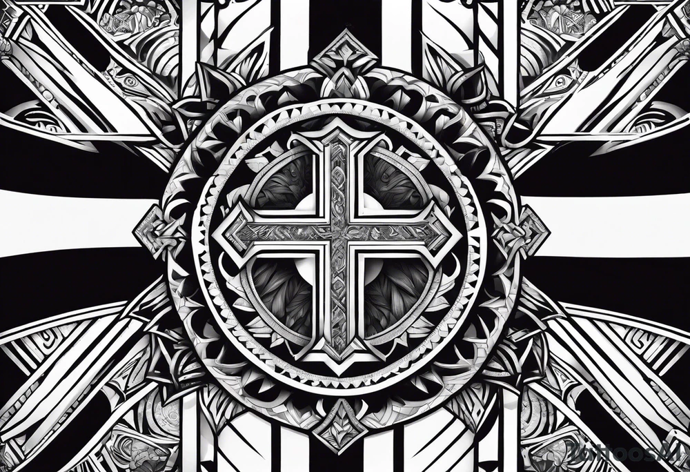 Big Jesus cross down the back with samoan patterns tattoo idea
